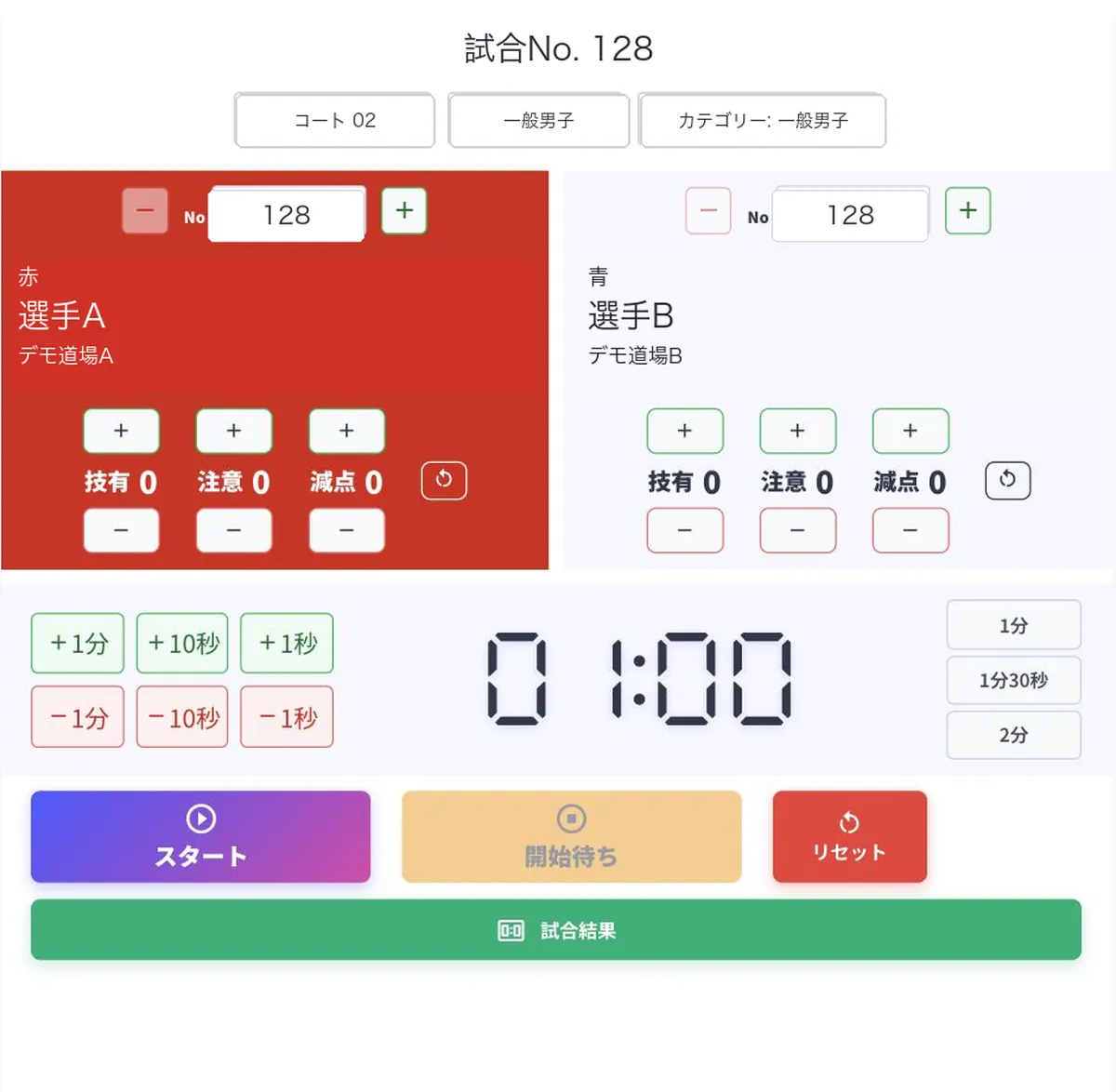 試合128の選手情報、スコア、タイマーを操作するMatchSphereタブレット画面