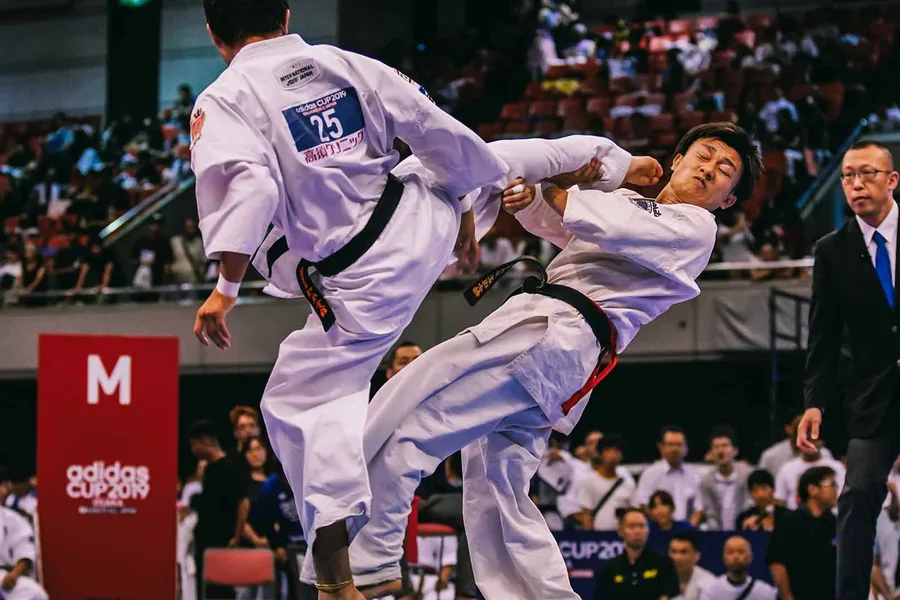 全国大会の組手。飛び込みの蹴りを放つ選手と審判。adidas cup KARATE ALL JAPAN 2019